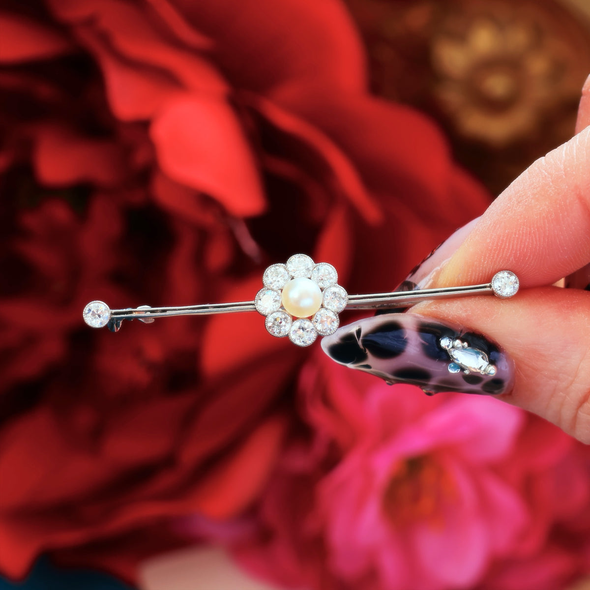 Creme de la Creme Antique Pearl & Diamond Brooch in Original Box