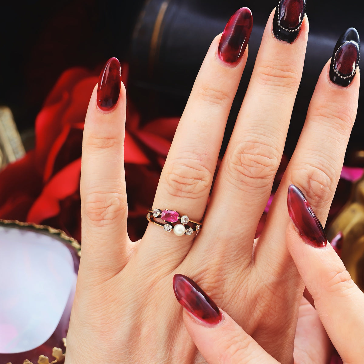 Fine Antique Certificated Burmese Ruby & Natural Pearl Ring