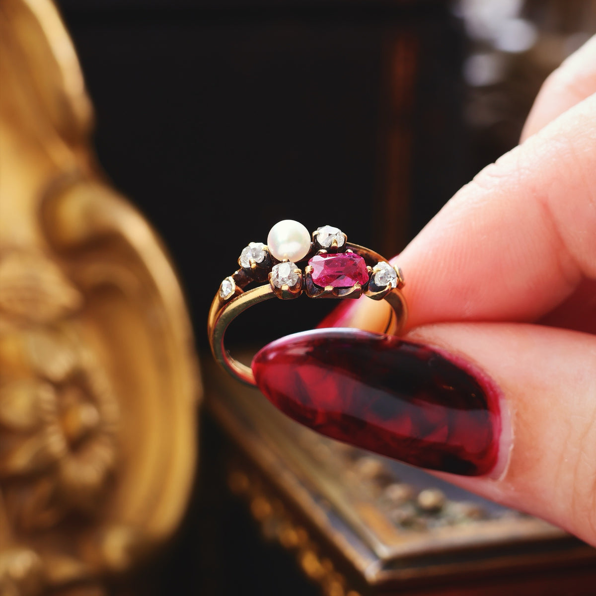 Fine Antique Certificated Burmese Ruby & Natural Pearl Ring