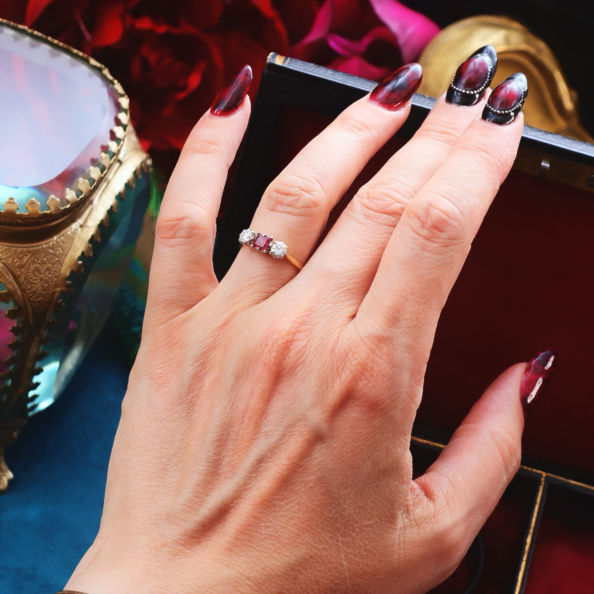 Beautiful Vintage Ruby & Diamond Trilogy Engagement Ring