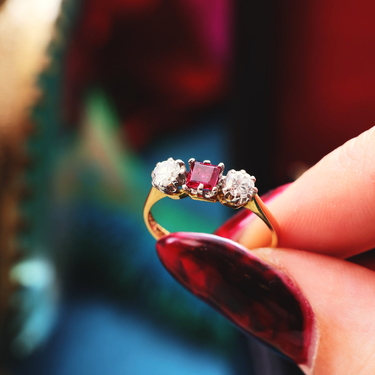Beautiful Vintage Ruby & Diamond Trilogy Engagement Ring