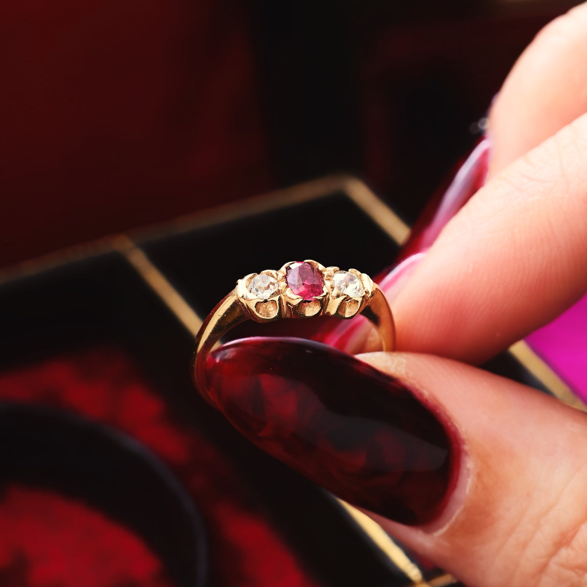 Antique Ruby & Diamond Trilogy Engagement Ring