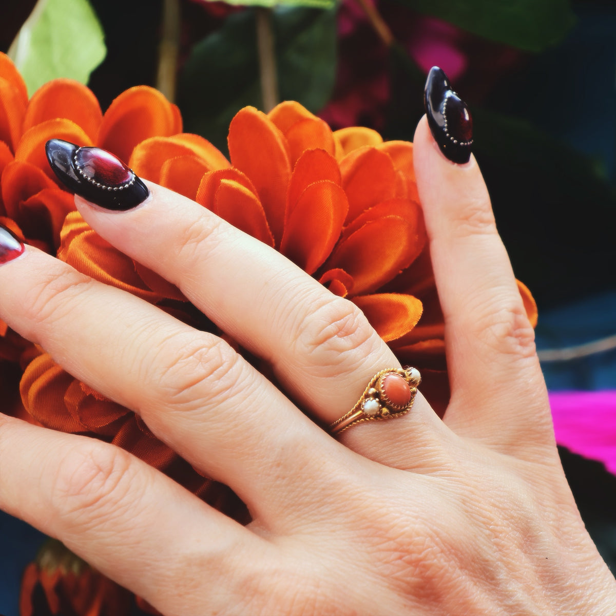 Antique Archaeological Revival Coral & Pearl Ring