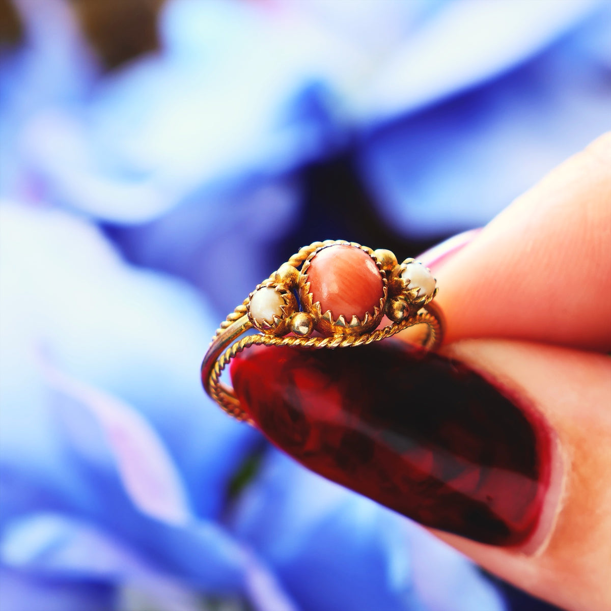 Antique Archaeological Revival Coral & Pearl Ring