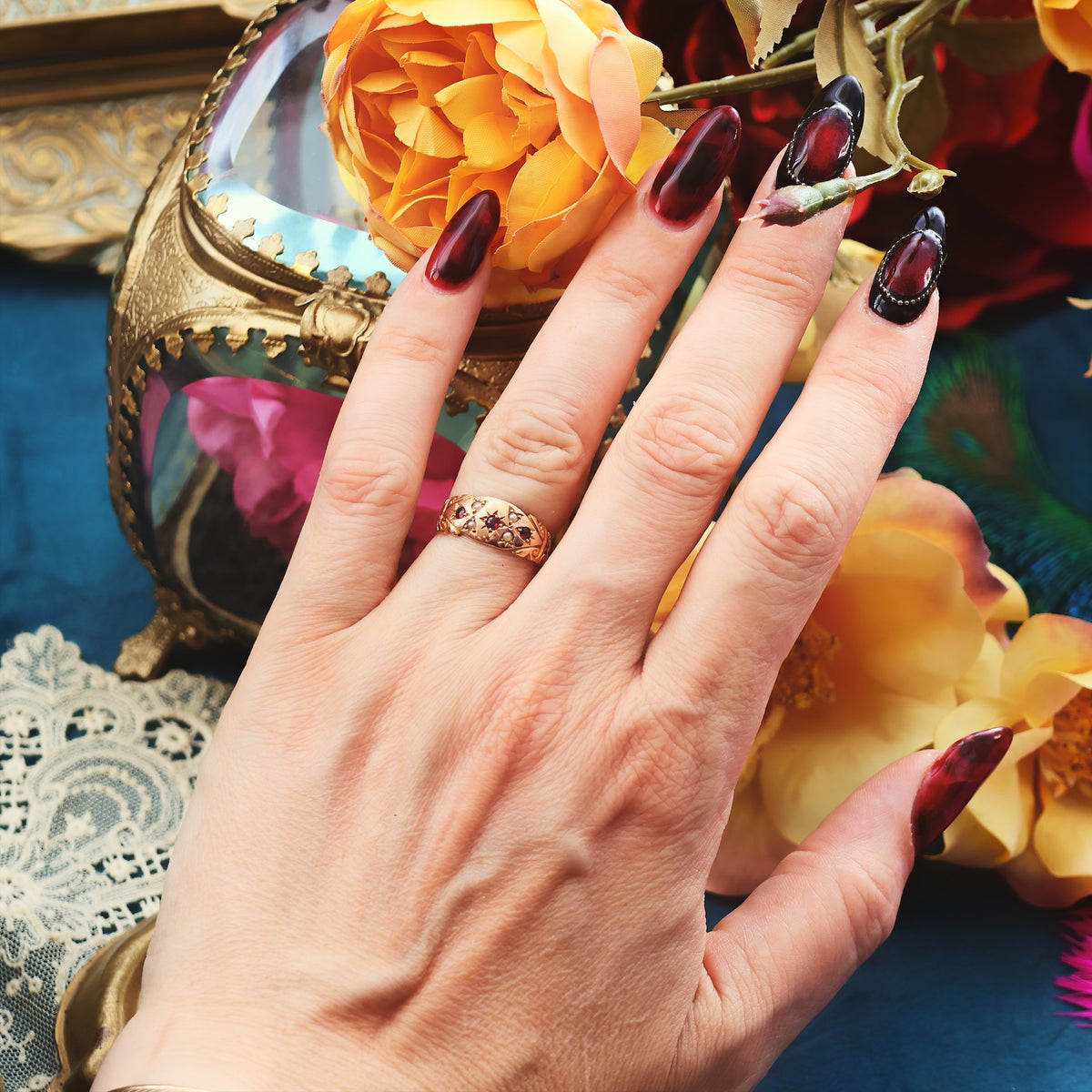 Antique Date 1911 Gypsy Set Ruby & Pearl Ring