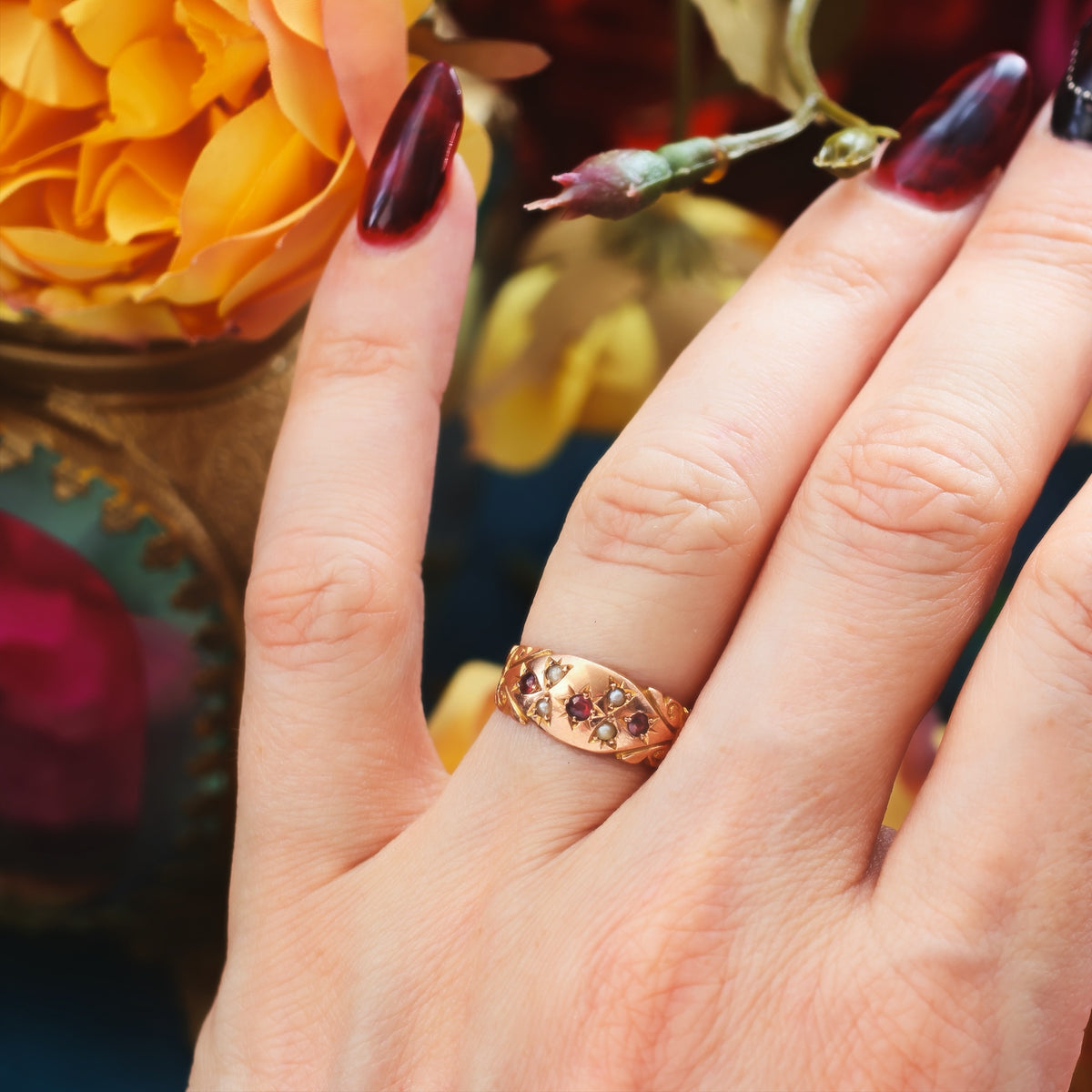 Antique Date 1911 Gypsy Set Ruby & Pearl Ring