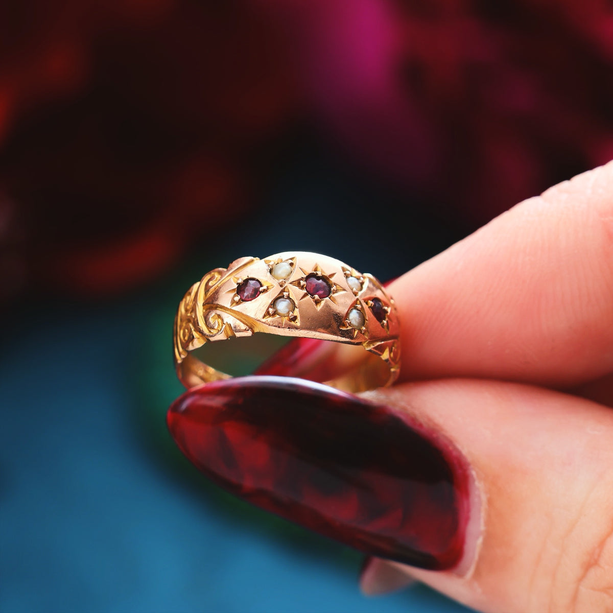 Antique Date 1911 Gypsy Set Ruby & Pearl Ring