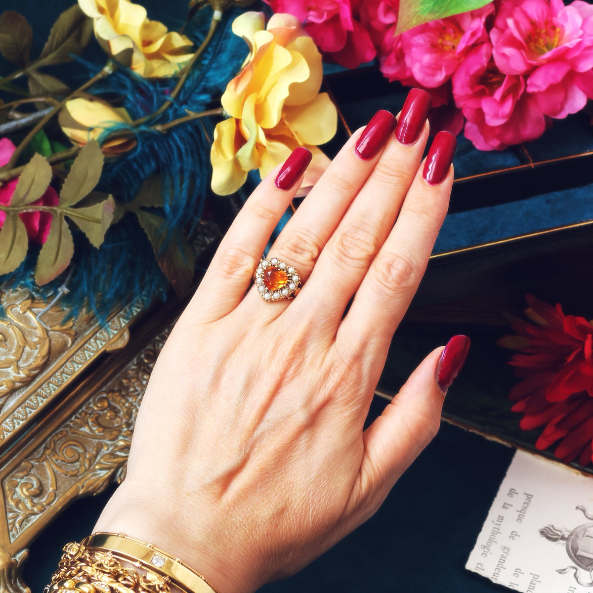 Vintage Heart Shaped Citrine & Pearl Cocktail Ring