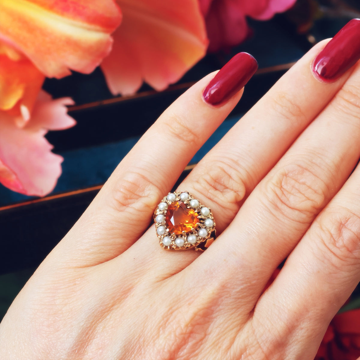 Vintage Heart Shaped Citrine & Pearl Cocktail Ring