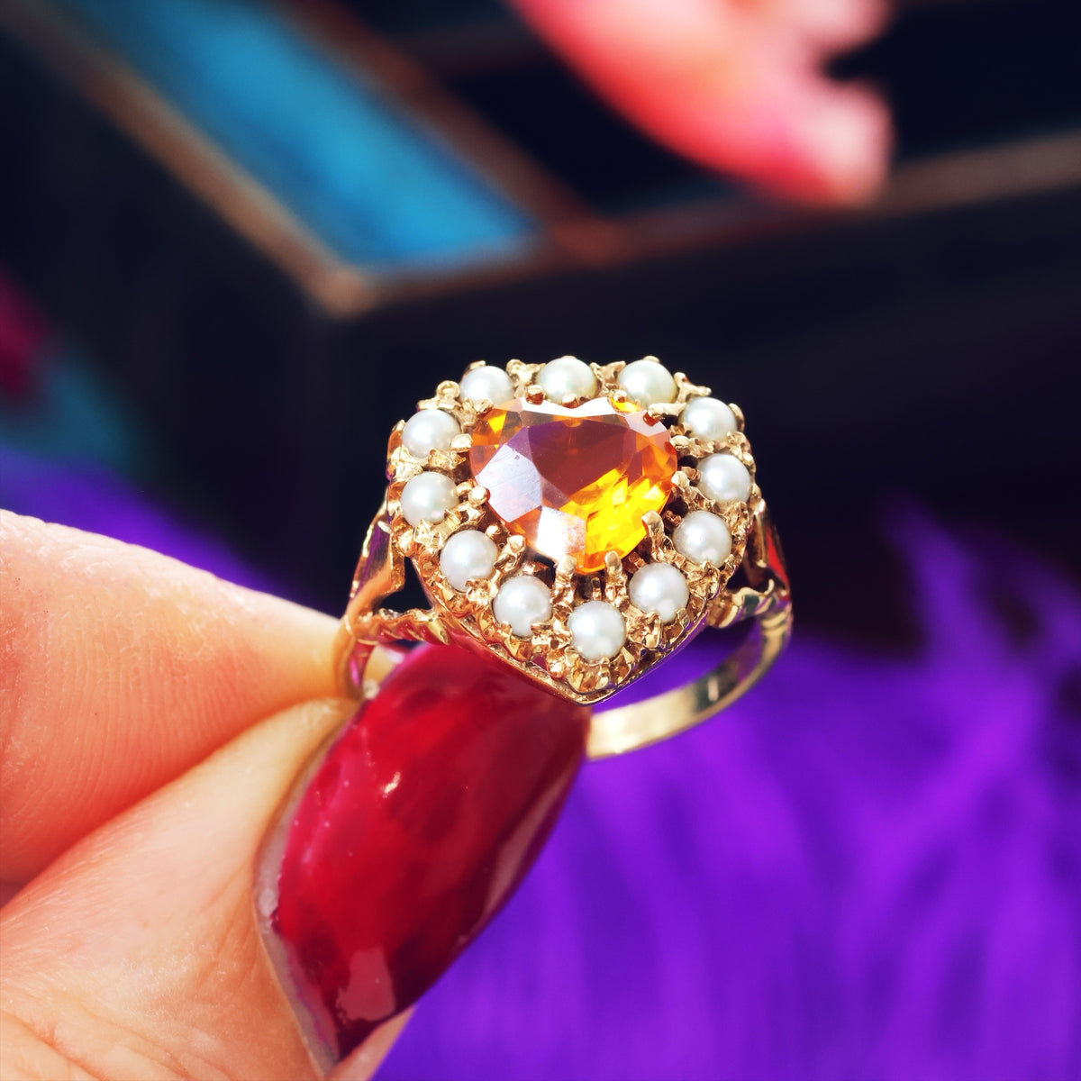 Vintage Heart Shaped Citrine & Pearl Cocktail Ring