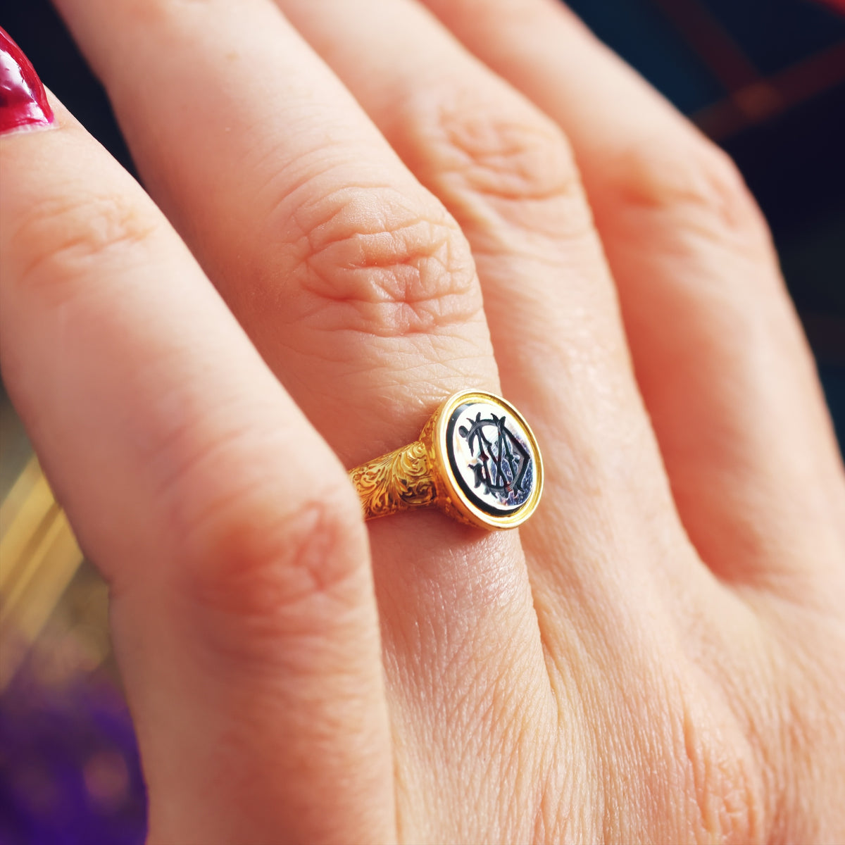 Incredible Antique 'M G' Bloodstone Intaglio Signet Ring