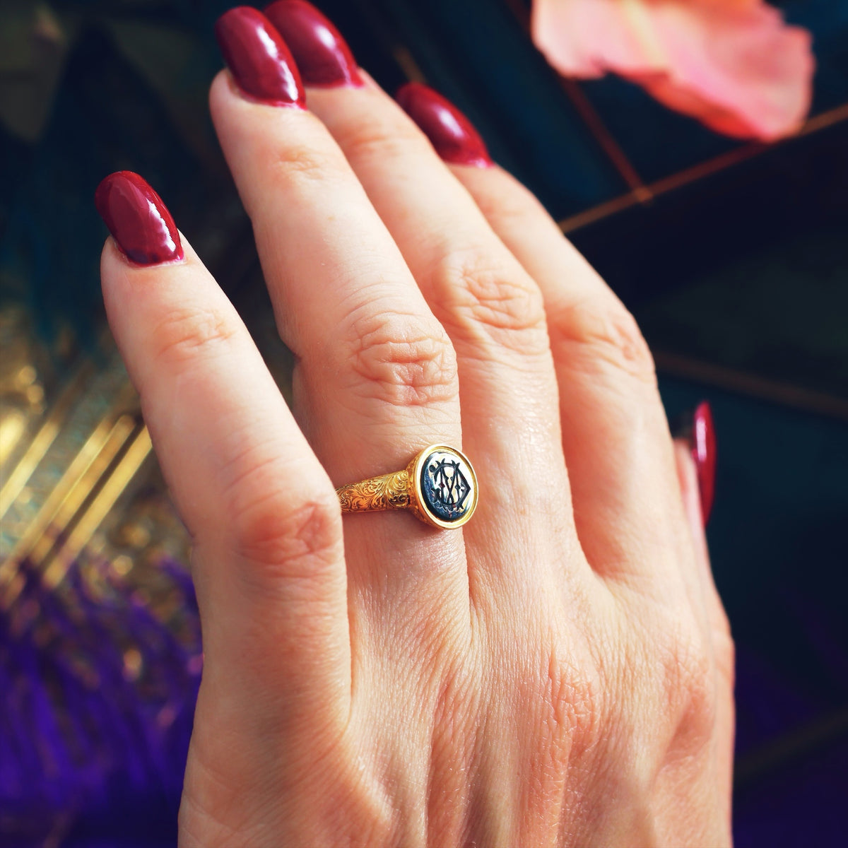 Incredible Antique 'M G' Bloodstone Intaglio Signet Ring