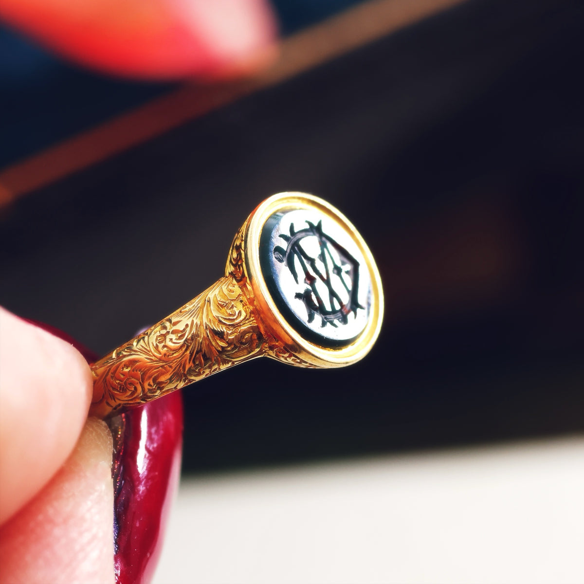 Incredible Antique 'M G' Bloodstone Intaglio Signet Ring