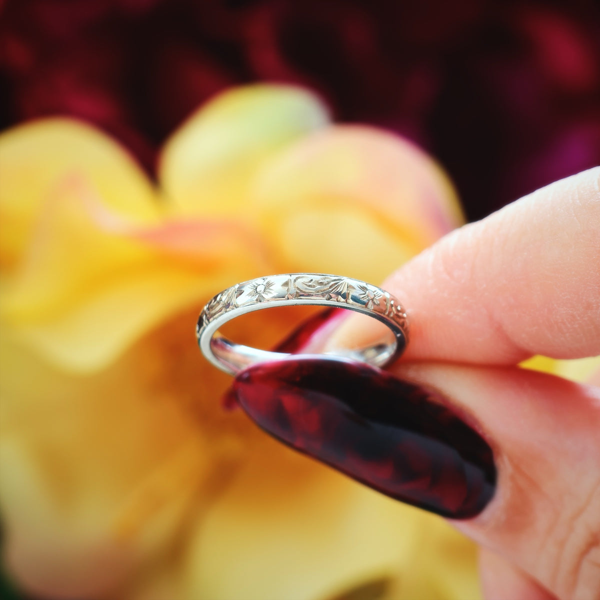 Size L or 5.5 Hand Engraved White Gold Wedding Band