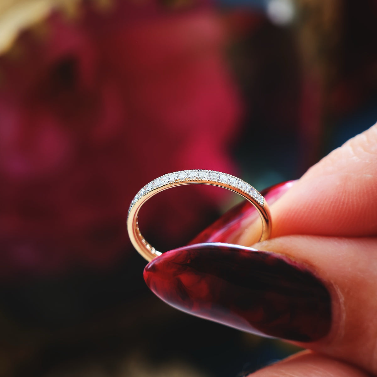 Vintage Style Beaded Diamond Half Eternity Ring