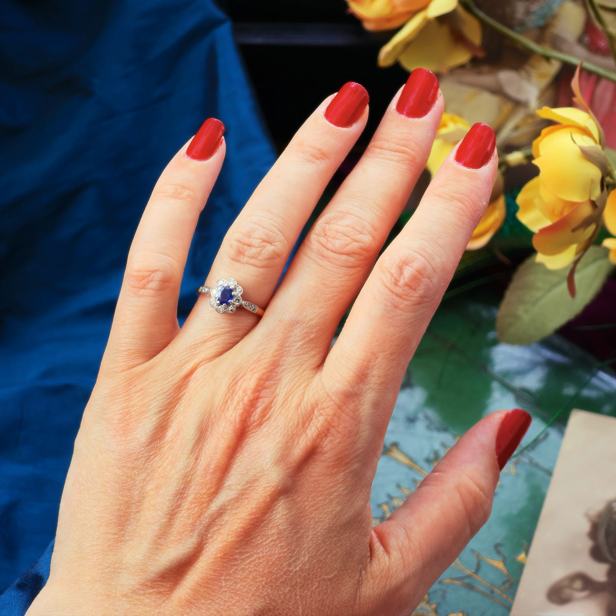 Vintage Flowerette Sapphire & Diamond Cluster Engagement Ring