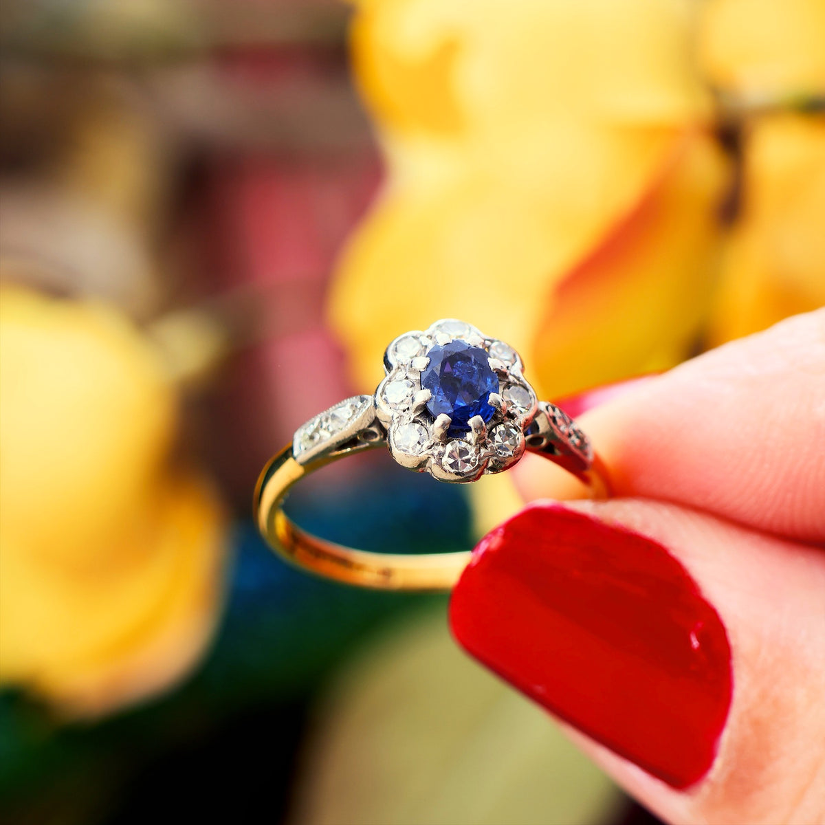 Vintage Flowerette Sapphire & Diamond Cluster Engagement Ring