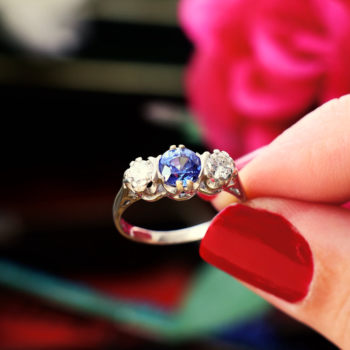 Dazzlin' Vintage Ceylon Sapphire & Diamond Engagement Ring