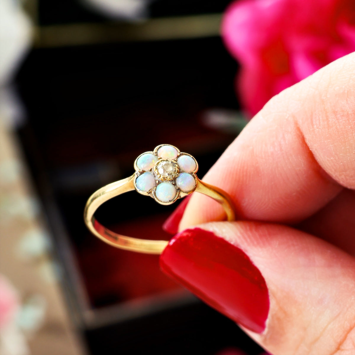 Vintage Romance! Crystal Opal & Diamond Daisy Ring