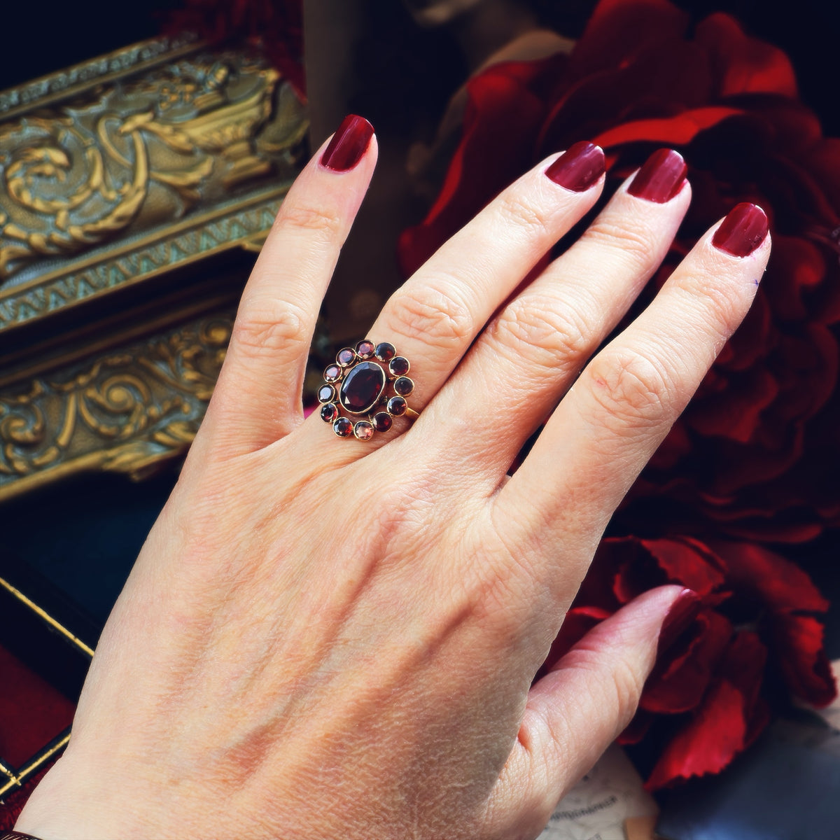 Antique Georgian Foiled Garnet Rosette Ring