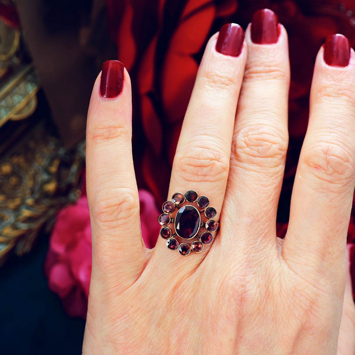 Antique Georgian Foiled Garnet Rosette Ring