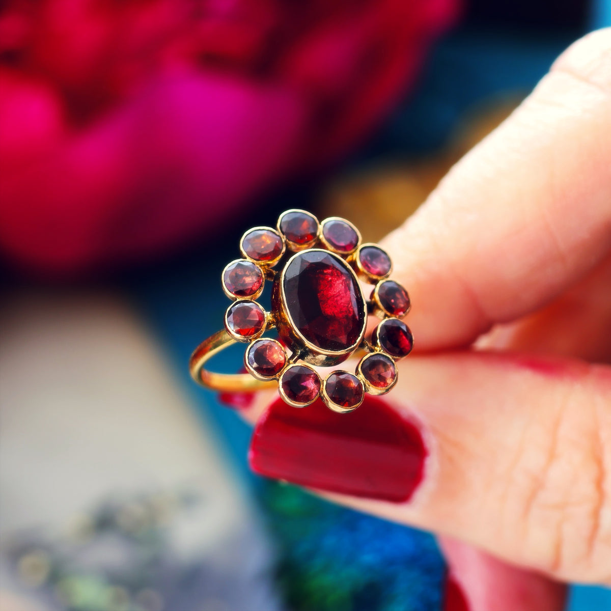 Antique Georgian Foiled Garnet Rosette Ring