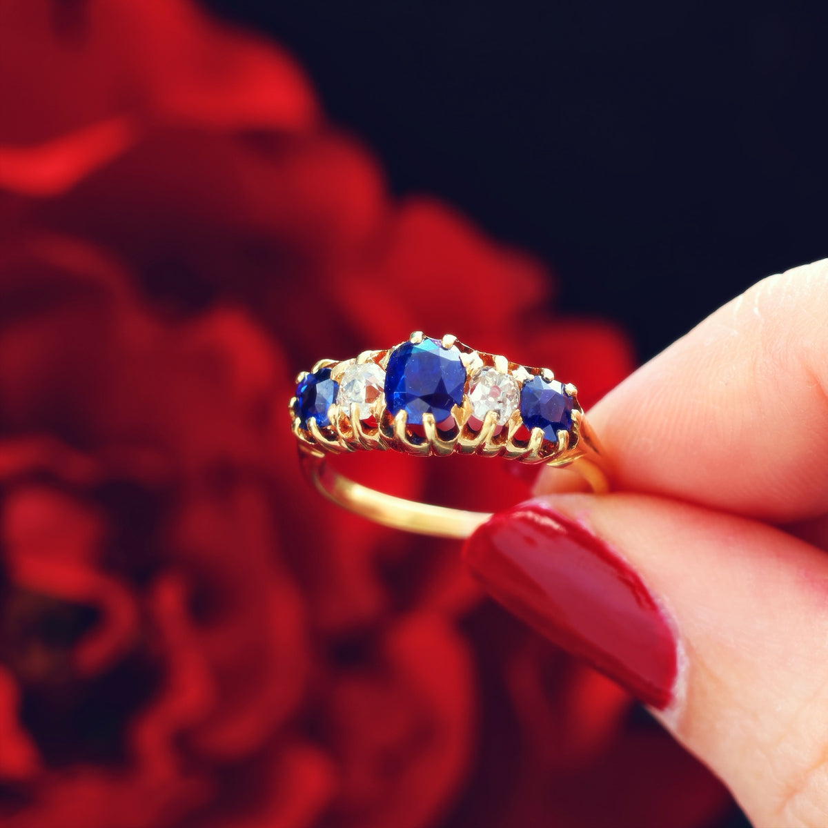 Antique Natural Sapphire & Diamond Five Stone Diamond Ring