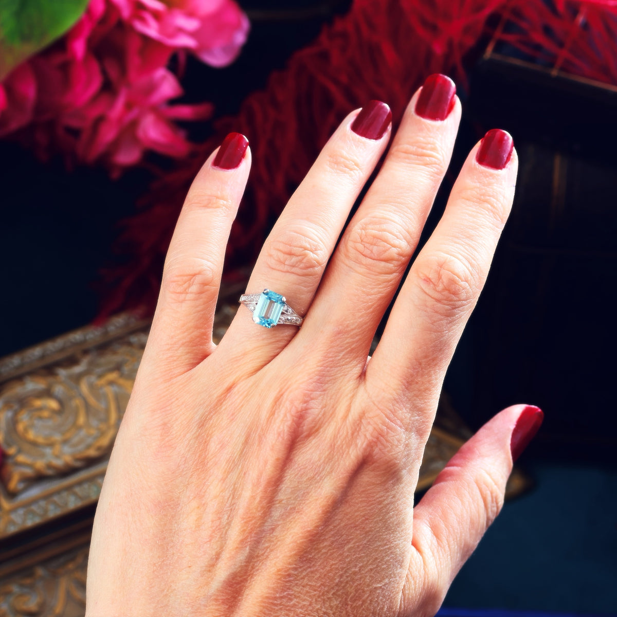 Vintage Art Deco Starlight Blue Zircon Ring