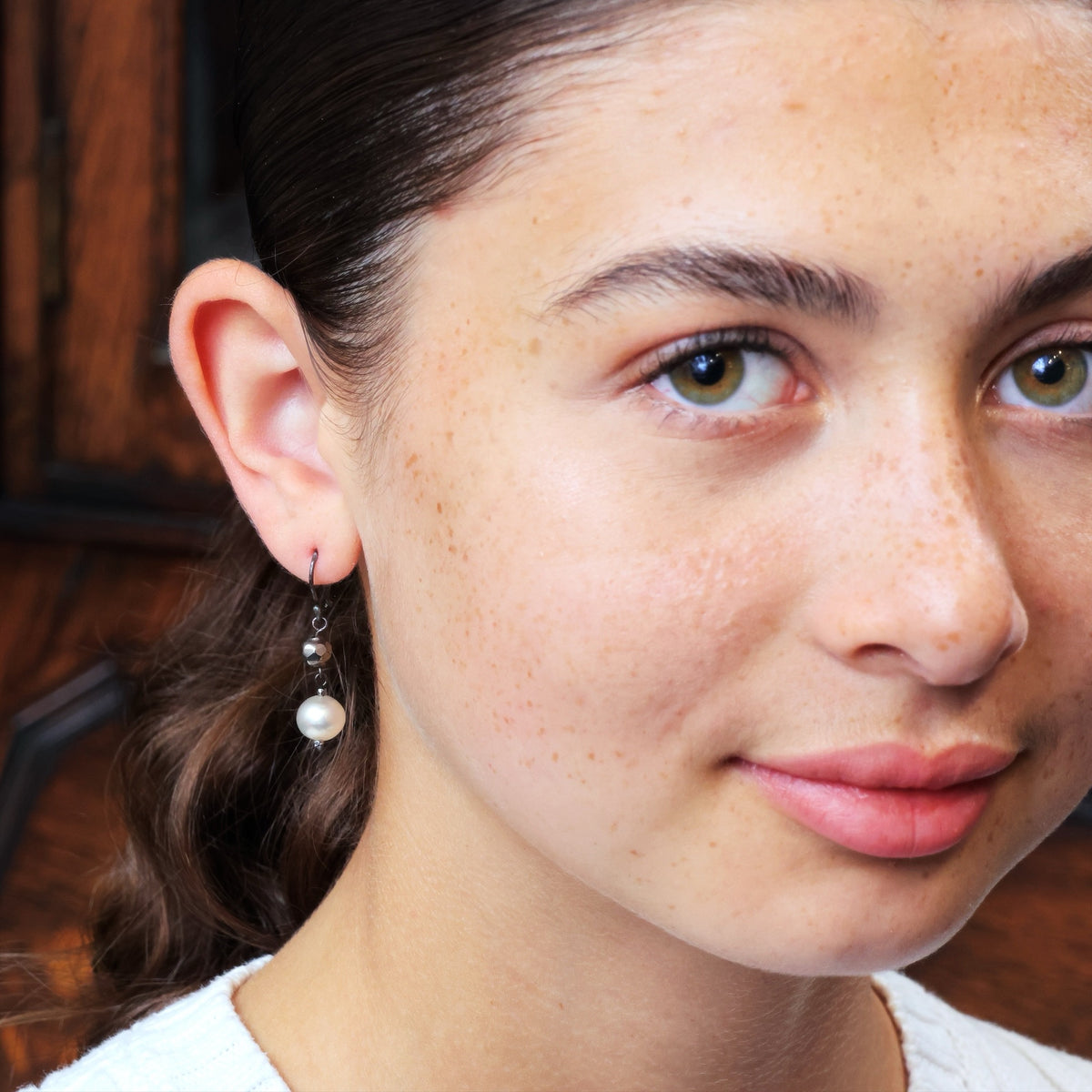 Cut Steel and Hand Blown Glass Pearl Earrings