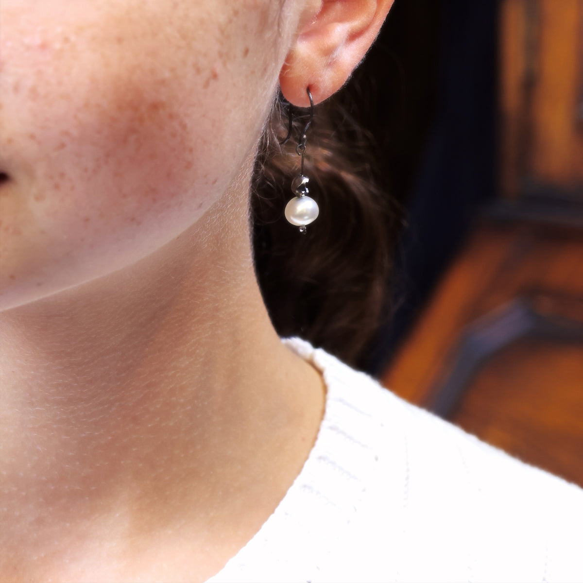 Cut Steel and Hand Blown Glass Pearl Earrings