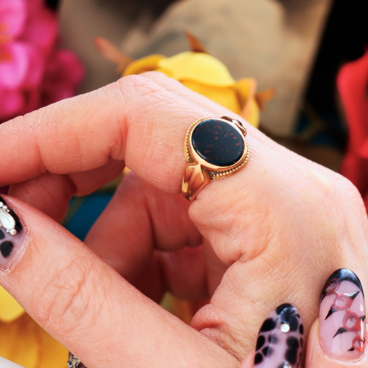 Date 1876 15ct Gold Bloodstone Signet Ring in Antique Box