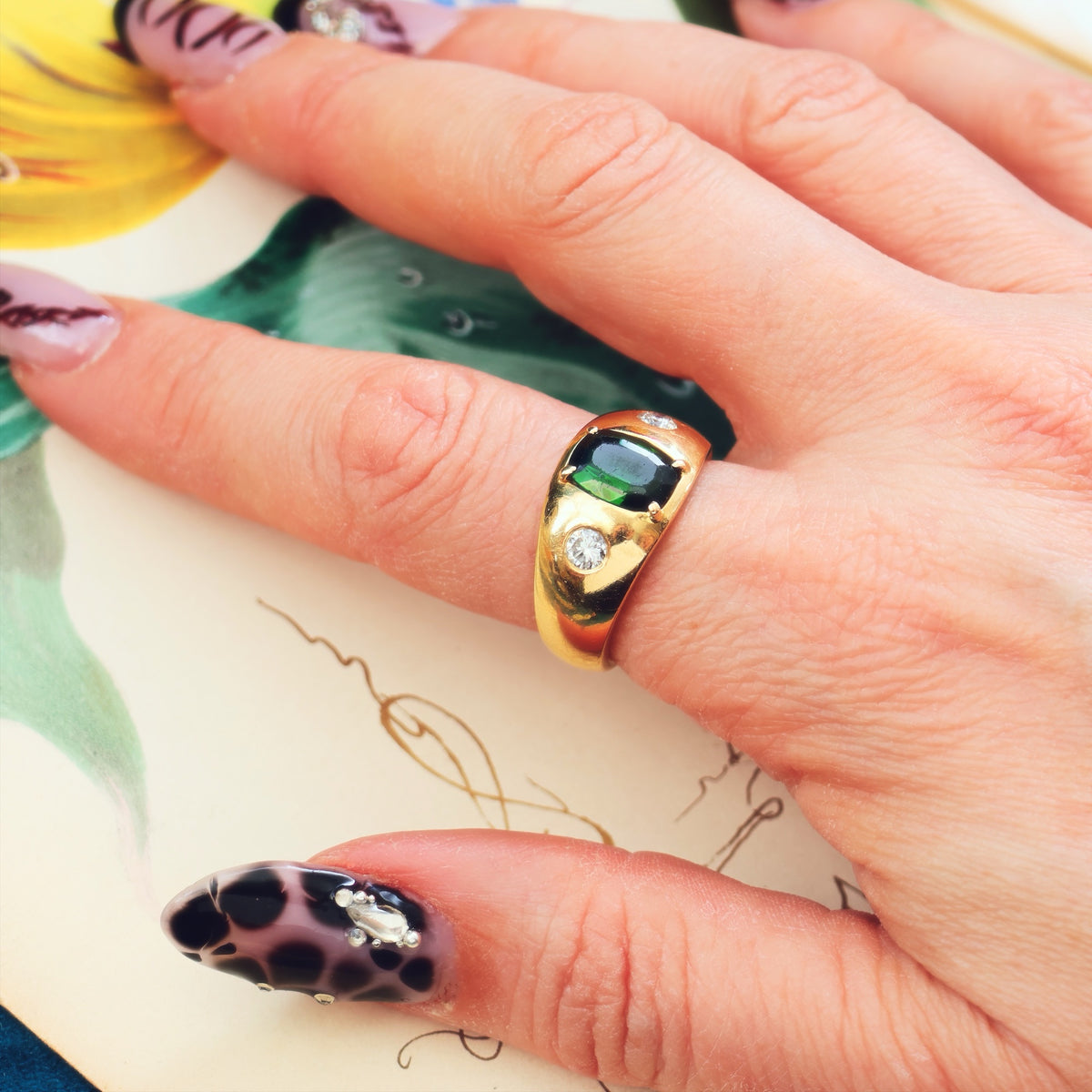 Vintage Men's Deep Green Tourmaline & Diamond Ring