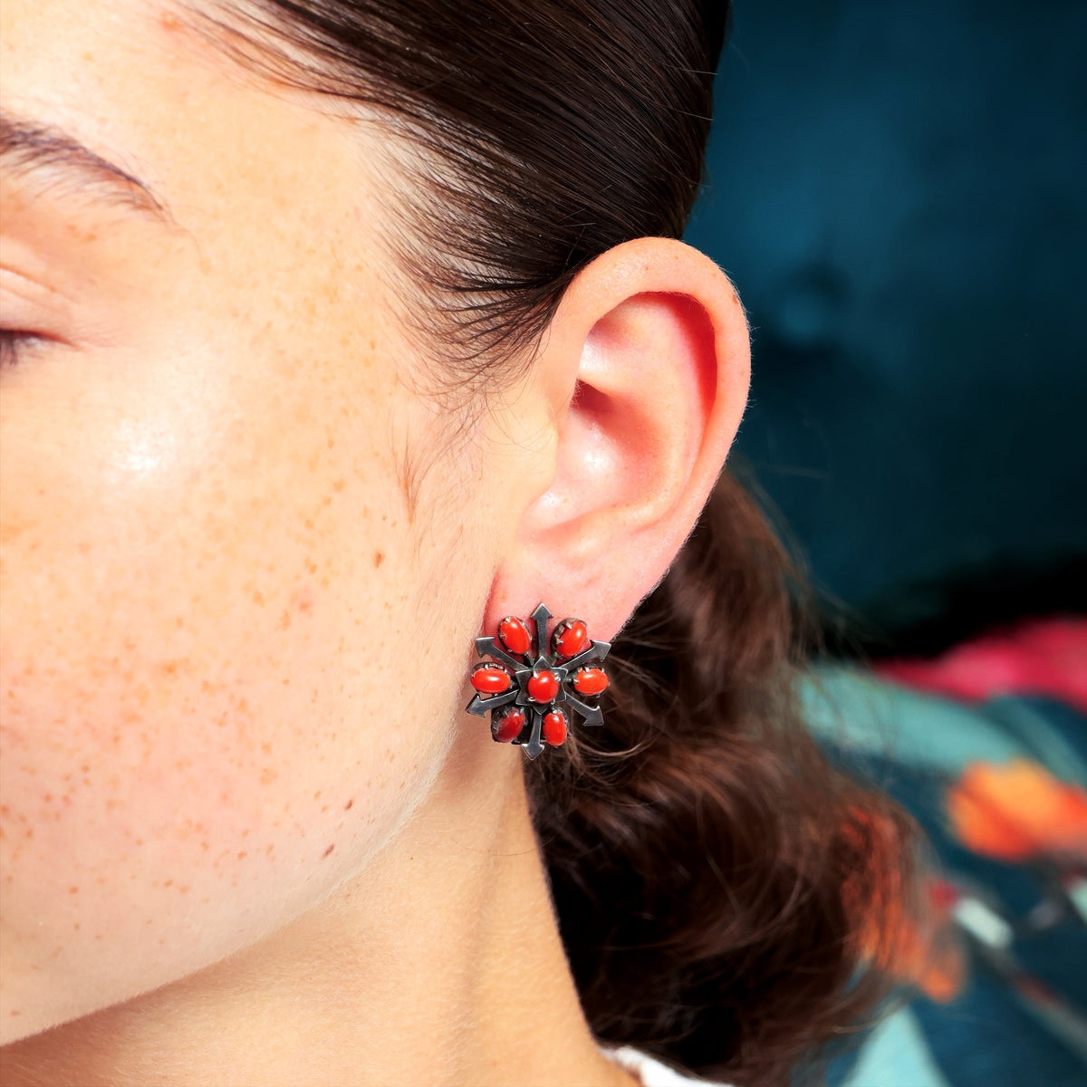 Vintage Mid Century Mexican Coral Silver Earrings