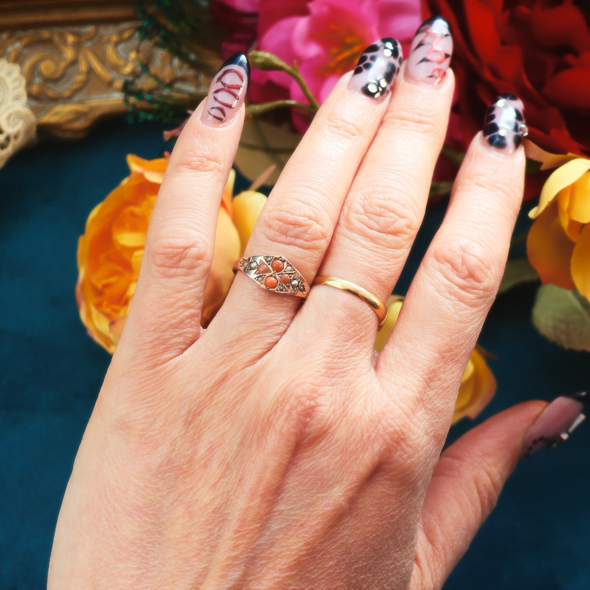 Dainty Date 1878 Coral & Wild Pearl Ring