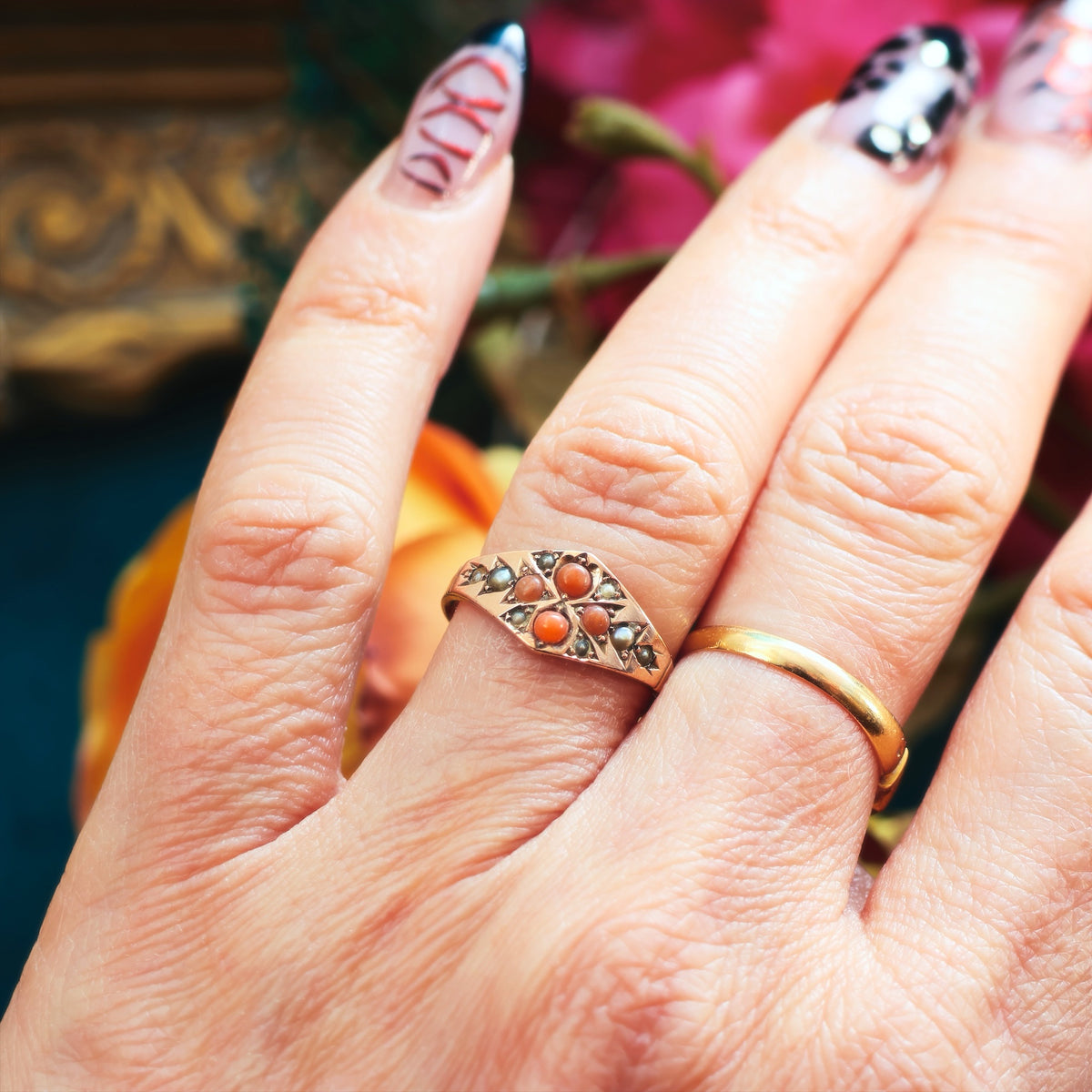 Dainty Date 1878 Coral & Wild Pearl Ring
