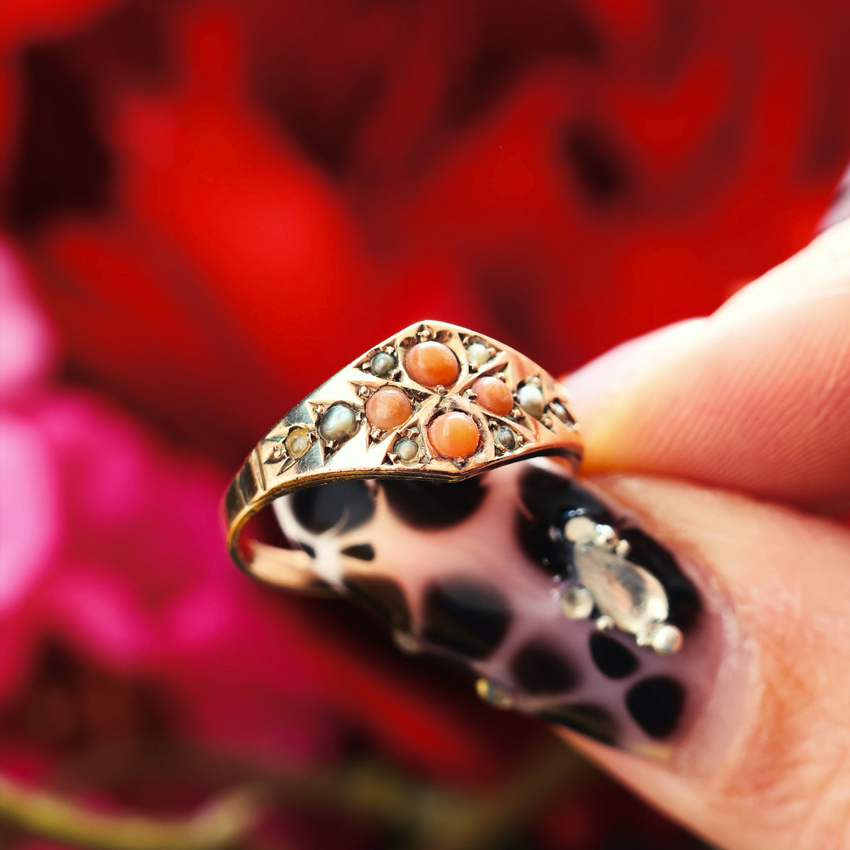 Dainty Date 1878 Coral & Wild Pearl Ring