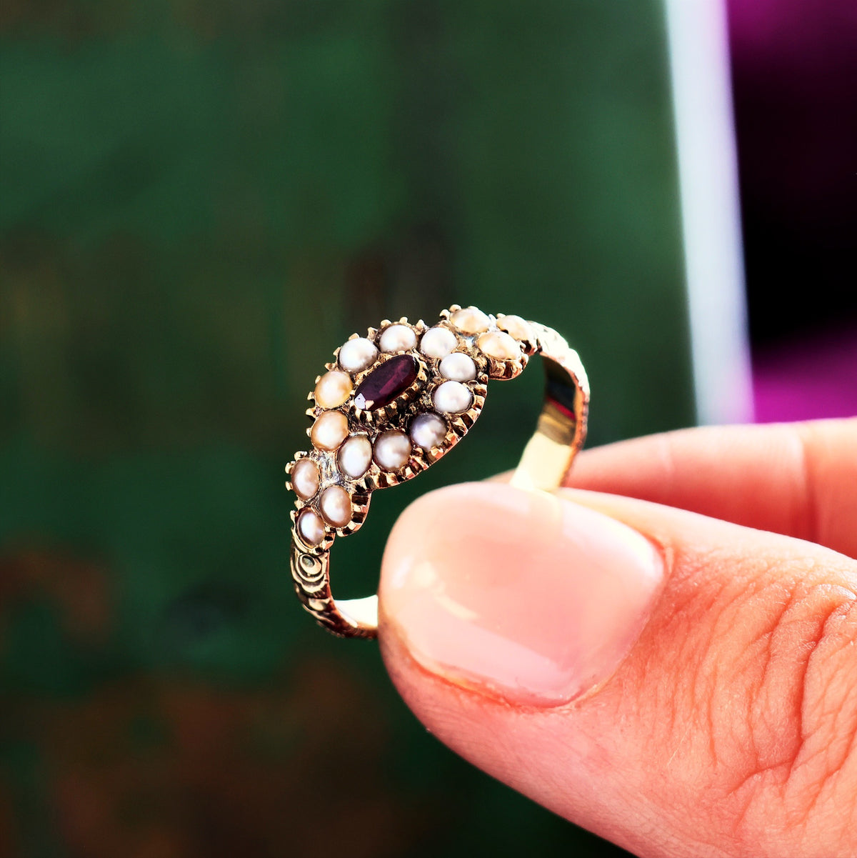 Scarce Antique Georgian Pearl & Garnet Flowerette Ring