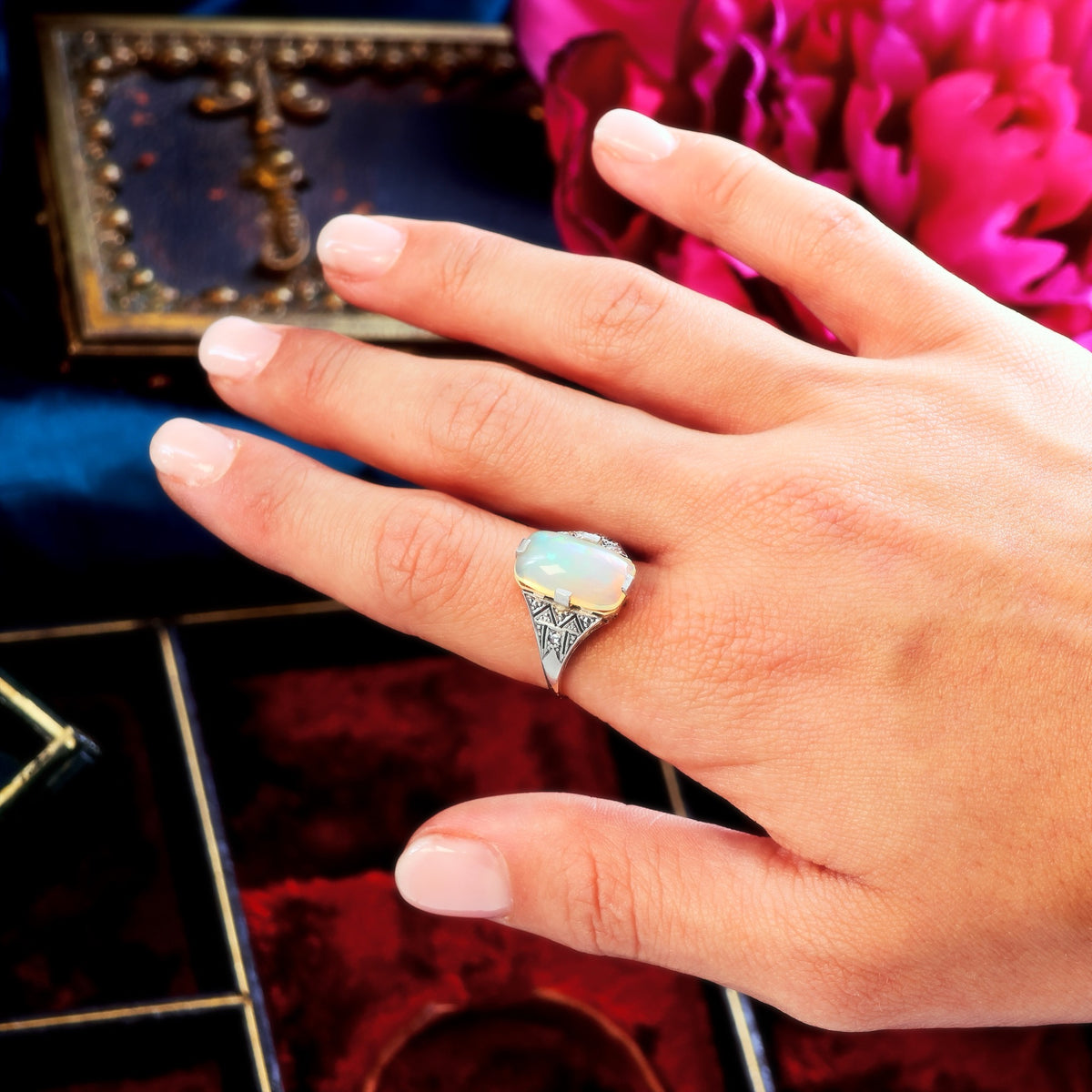 Flirtatious Vintage Art Deco Style Opal Cocktail Ring