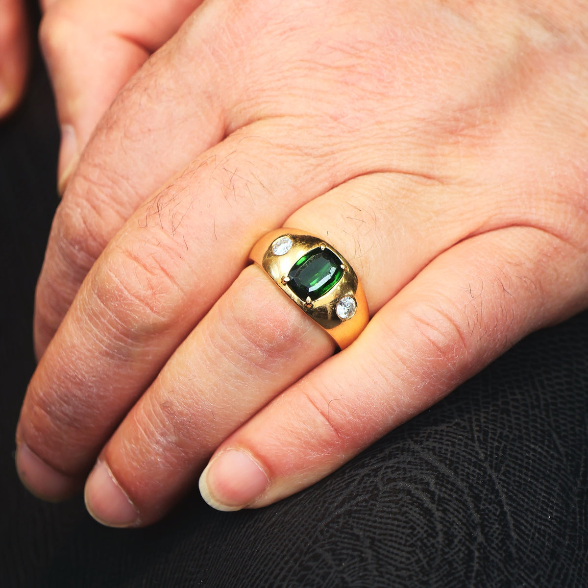 Vintage Men's Deep Green Tourmaline & Diamond Ring
