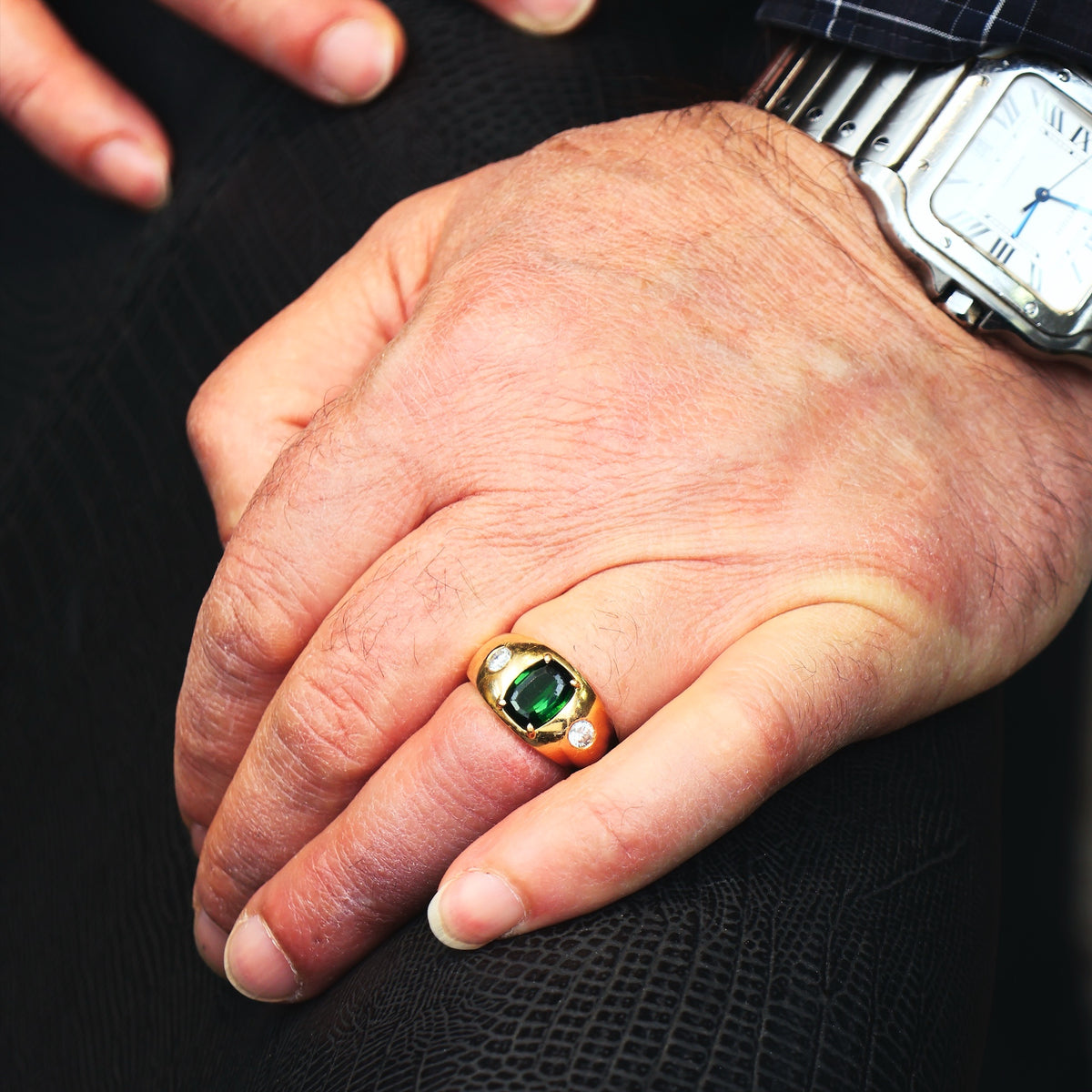 Vintage Men's Deep Green Tourmaline & Diamond Ring