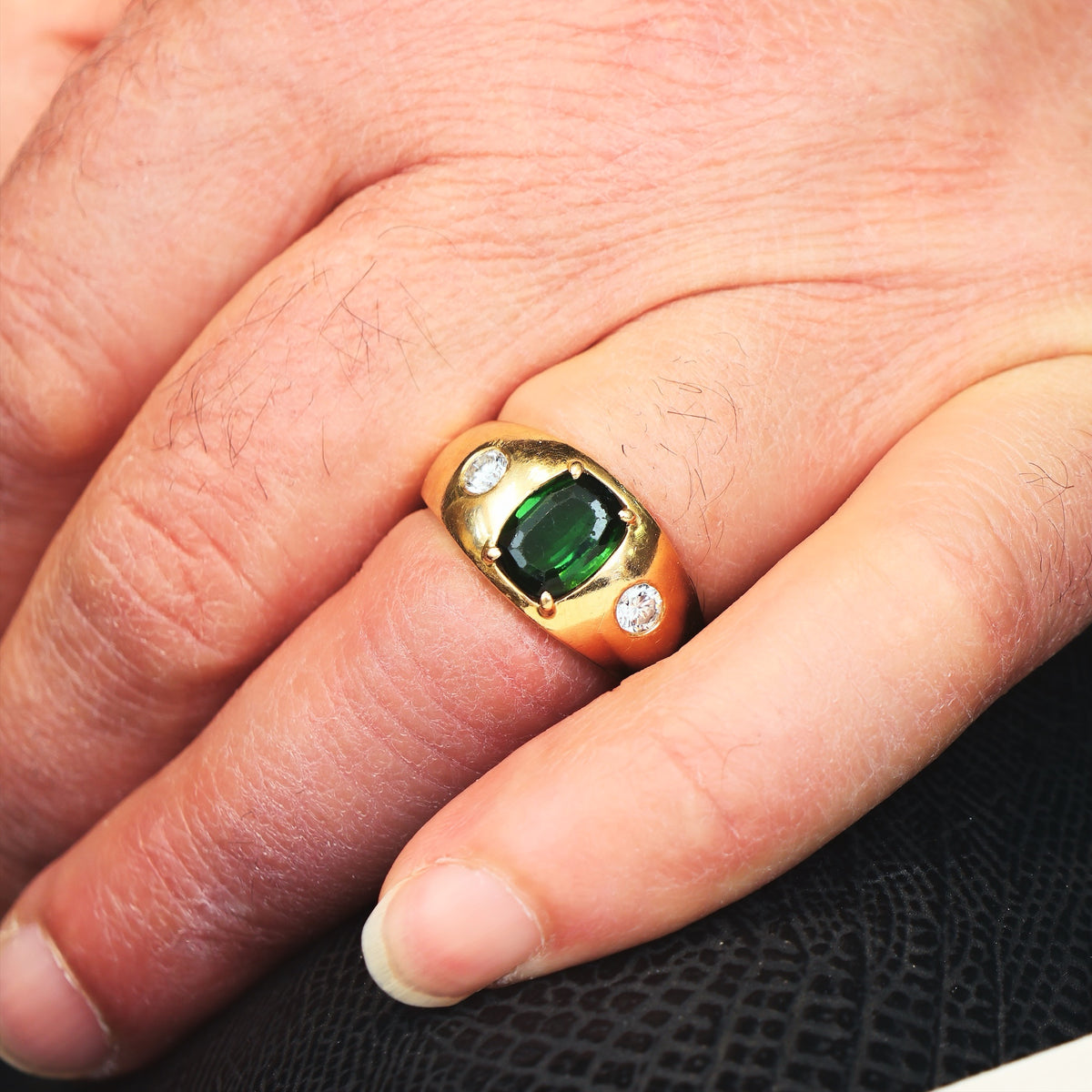Vintage Men's Deep Green Tourmaline & Diamond Ring