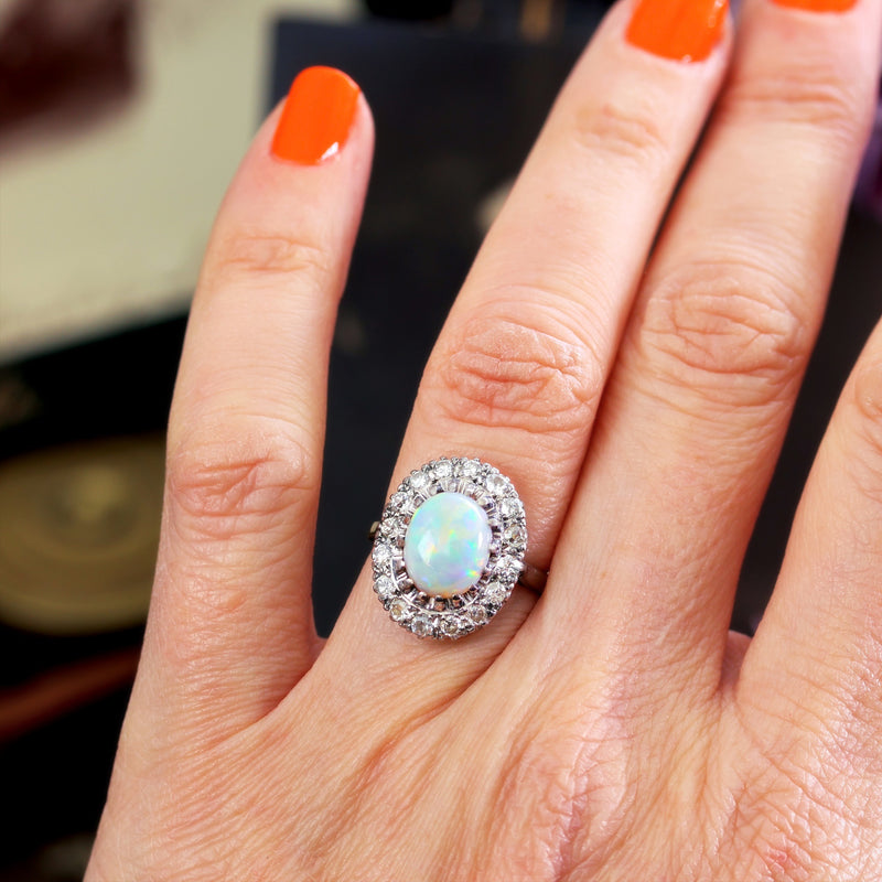 Vintage Glamour! Opal & Diamond Cluster Cocktail Ring