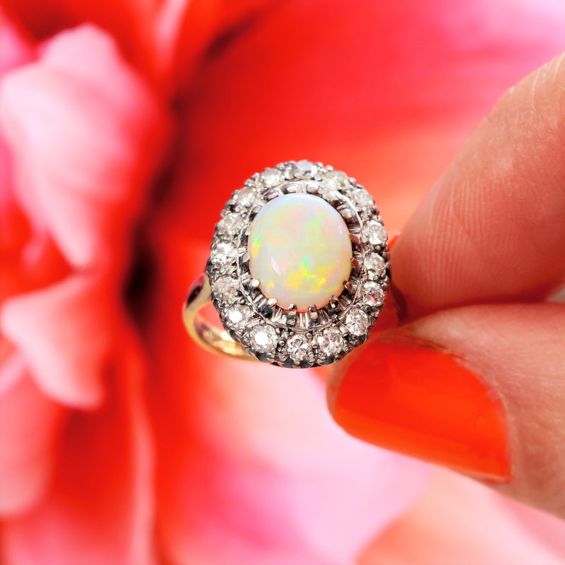 Vintage Glamour! Opal & Diamond Cluster Cocktail Ring