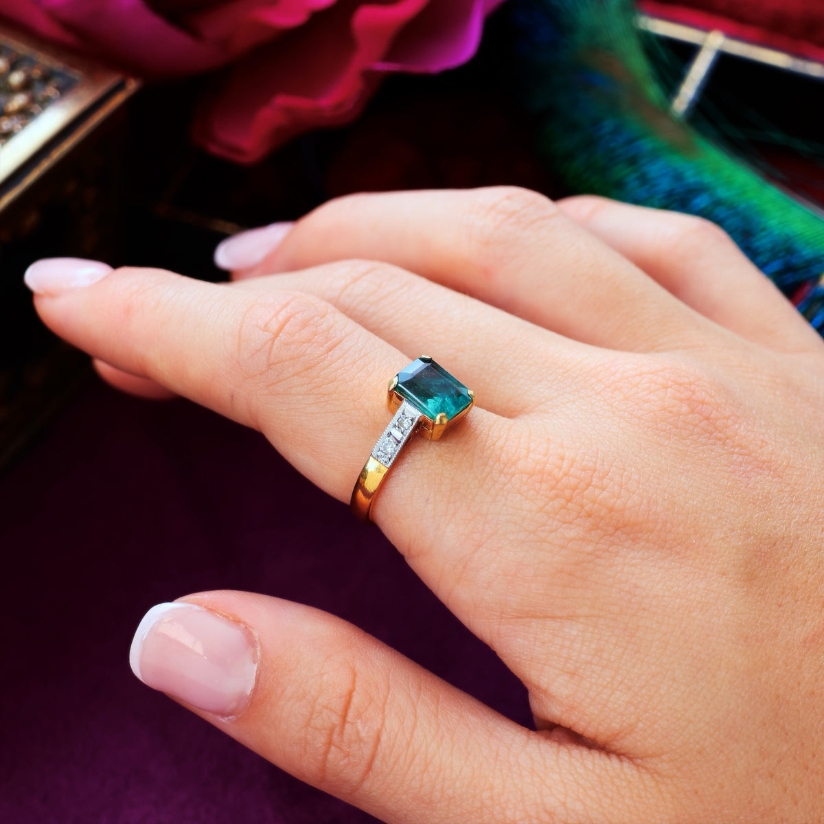 Unique Vintage Emerald & Diamond Engagement Ring