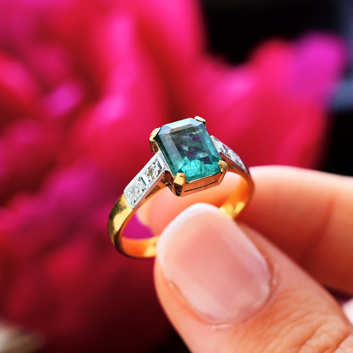 Unique Vintage Emerald & Diamond Engagement Ring