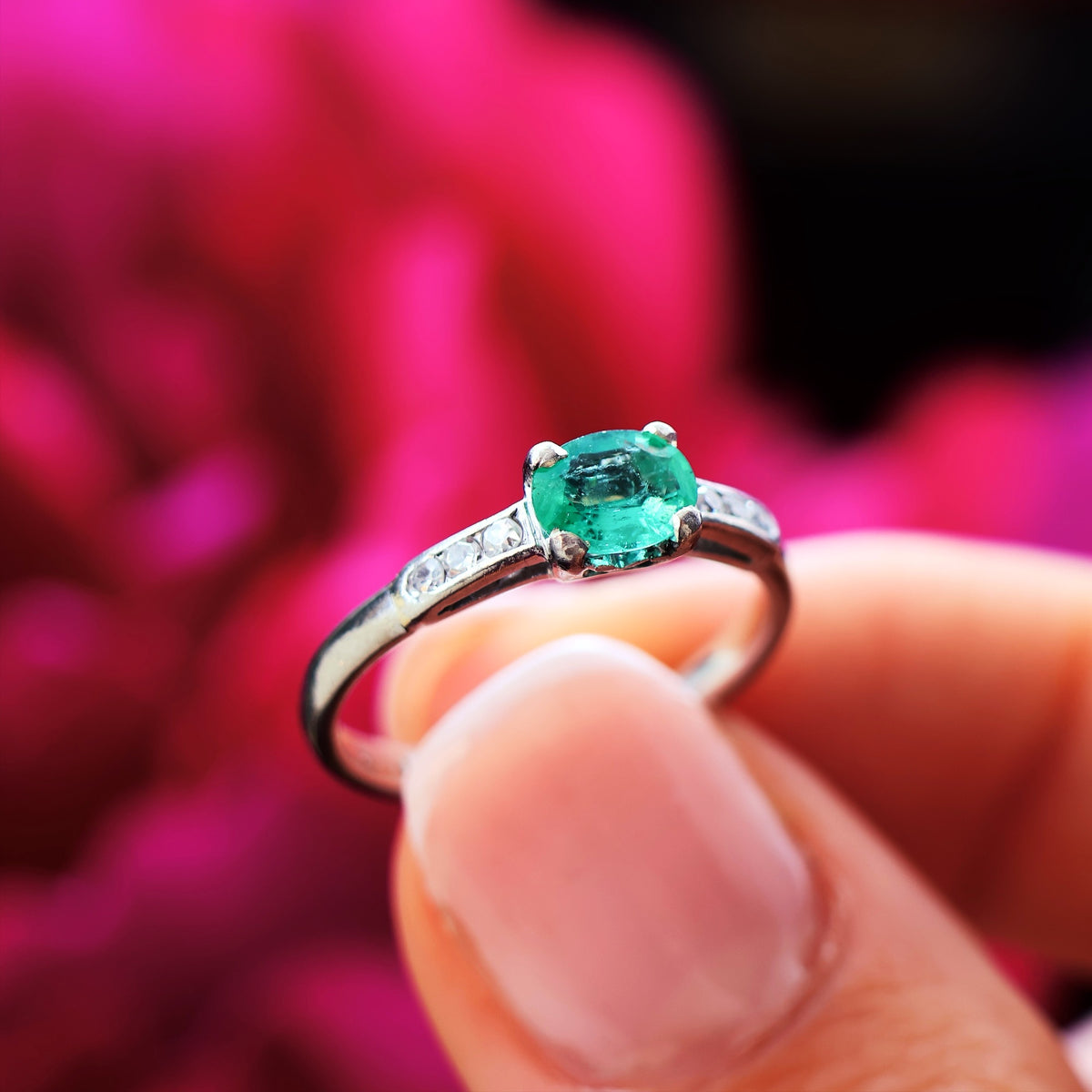 Handmade Vintage Emerald & Diamond Engagement Ring