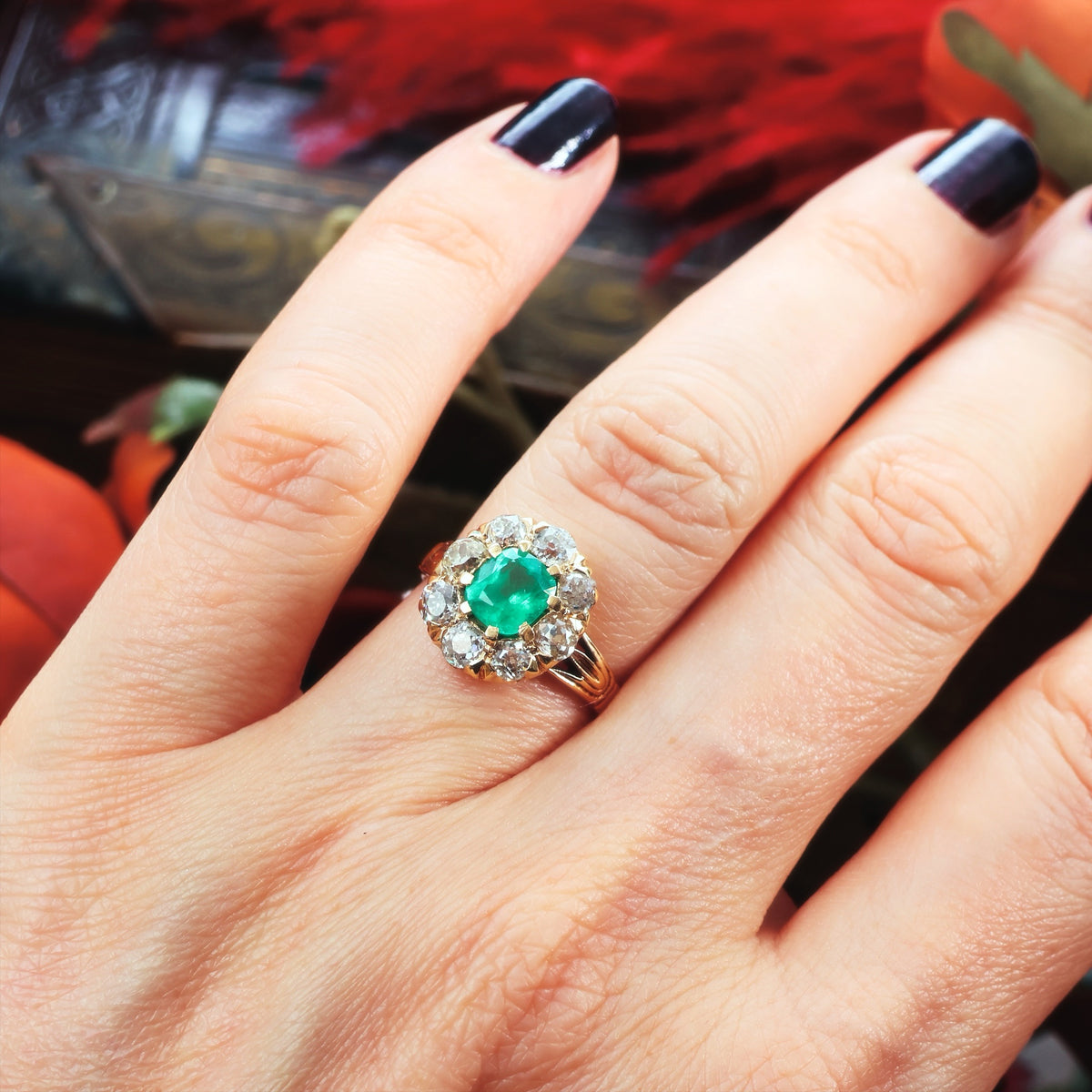 Splendid Antique Emerald & Diamond Engagement Ring