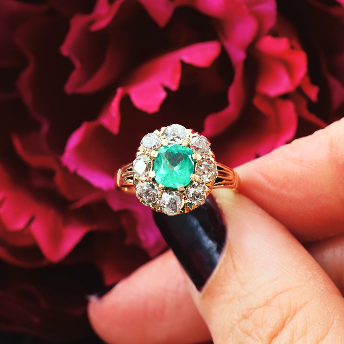 Splendid Antique Emerald & Diamond Engagement Ring