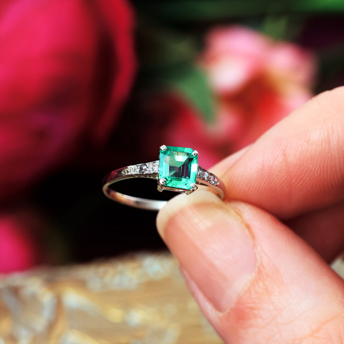 Unique Hand Crafted Vintage Emerald & Diamond Ring