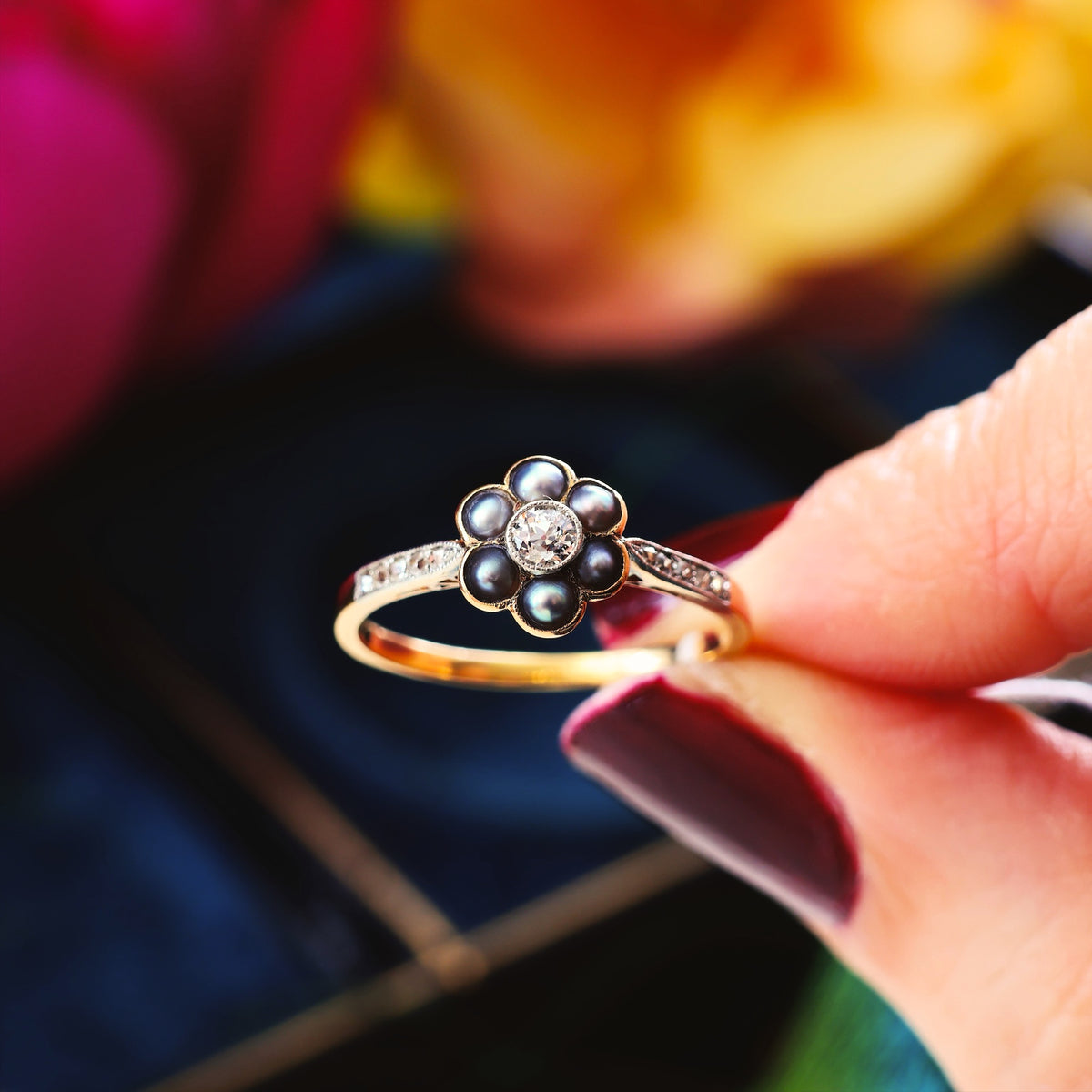 Antique Romance Diamond & Wild Pearl Ring